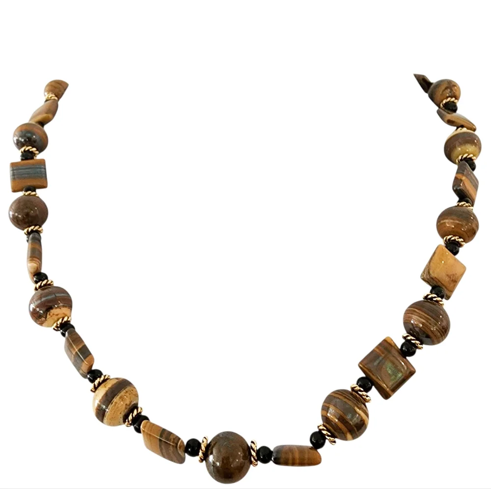 Cat's eye gemstones necklace 14k GP CZ flower clasp gold tigers eye L509 -Q5